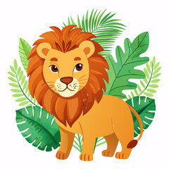 Watercolor Illustration lion and Tropical Leaves