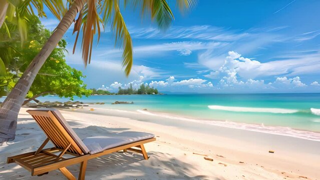 A lounge chair sits on a sandy beach with palm trees swaying in the breeze.