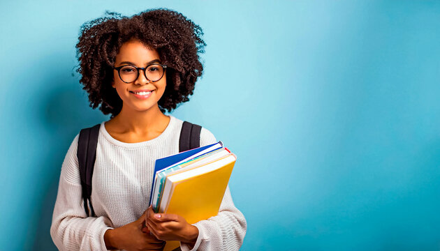 JOVEM ESTUDANTE SORRINDO SEGURANDO LIVROS E CADERNOS EM UM CONCEITO DE VOLTA &Agrave;S AULAS E ENSINO SUPERIOR, UNIVERSIT&Aacute;RIO E PREPARAT&Oacute;RIO PARA CONCURSO P&Uacute;BLICO