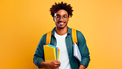 JOVEM ESTUDANTE SORRINDO SEGURANDO LIVROS E CADERNOS EM UM CONCEITO DE VOLTA &Agrave;S AULAS E ENSINO SUPERIOR, UNIVERSIT&Aacute;RIO E PREPARAT&Oacute;RIO PARA CONCURSO P&Uacute;BLICO