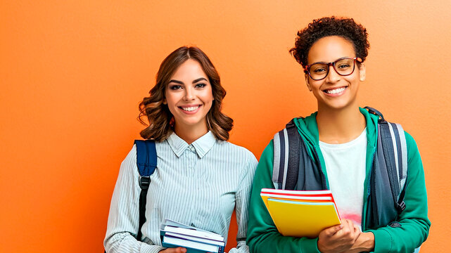 JOVEM ESTUDANTE SORRINDO SEGURANDO LIVROS E CADERNOS EM UM CONCEITO DE VOLTA &Agrave;S AULAS E ENSINO SUPERIOR, UNIVERSIT&Aacute;RIO E PREPARAT&Oacute;RIO PARA CONCURSO P&Uacute;BLICO