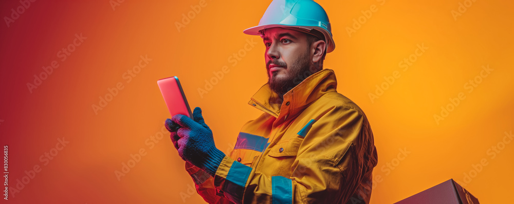 Poster warehouse worker scanning cargo barcode, isolated on a gradient background