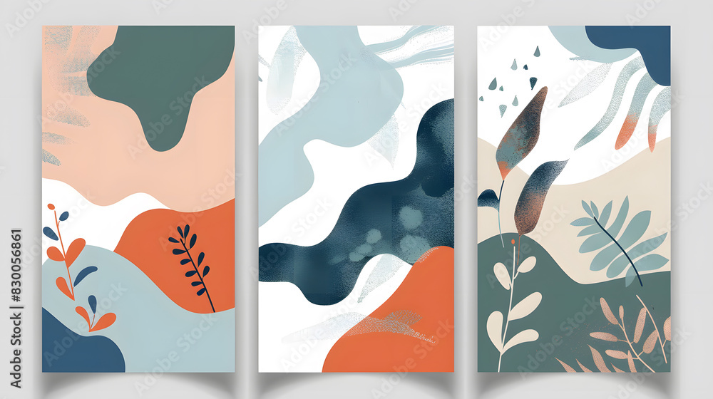 Poster vector set of abstract creative backgrounds in minimal trendy style with. generative ai.