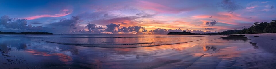 Obraz premium A stunning view of a tropical beach at sunset, with the sky ablaze in shades of orange, pink, and purple. The calm ocean water mirrors the colors of the sky, creating a breathtaking scene.