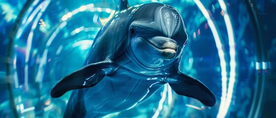 Amazing closeup charismatic of a dolphin in a wetsuit, performing acrobatics through holographic hoops in an underwater cyber arena