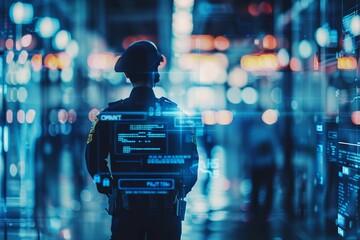 Futuristic Concept: Police officer with crime data analytics tools, in police station, incident reports and crime trends visualized. Law enforcement tech, crime data analysis. , background blur