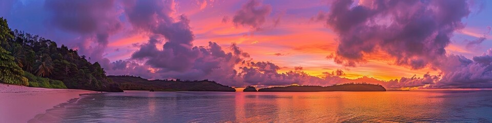 Naklejka premium A stunning view of a tropical beach at sunset, with the sky ablaze in shades of orange, pink, and purple. The calm ocean water mirrors the colors of the sky, creating a breathtaking scene.