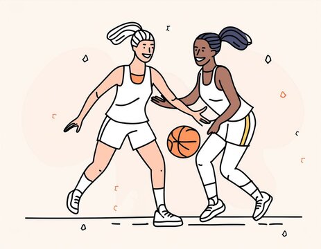 recommend clip art: Women playing basketball. Simple line art illustration.