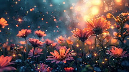 A photo of an enchanted meadow with giant flowers, a dawn sky with fireflies and magical sparkles in the background