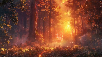 A photo of an ancient forest with towering redwoods, a morning sky with golden sunlight and dew-covered leaves in the background