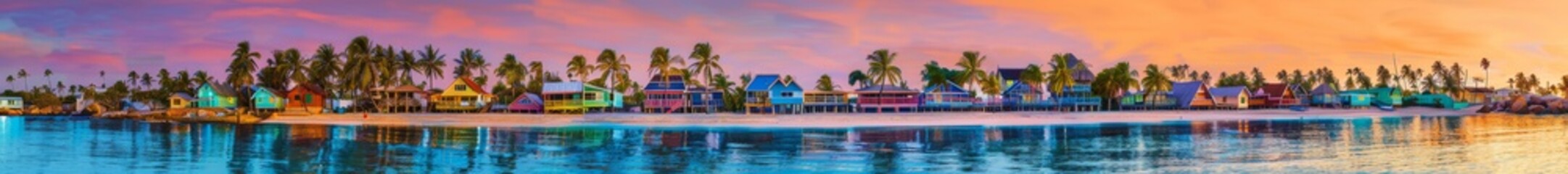 A tropical island beach at sunset, with colorful beach huts lining the shore and palm trees swaying in the breeze. The vibrant colors of the sky reflect off the clear blue water, creating a magical