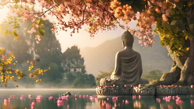 A Buddha statue is seated in front of a body of water under the sky.