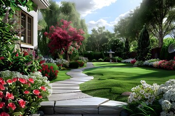 Fototapeta premium A beautiful garden with a stone path, a fountain, and a variety of flowers and plants