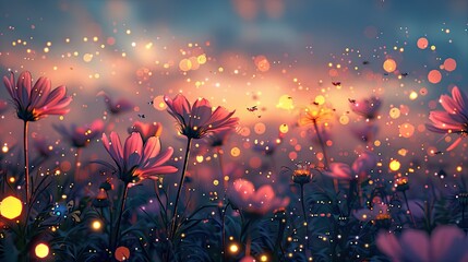 A photo of an enchanted meadow with giant flowers, a dawn sky with fireflies and magical sparkles...