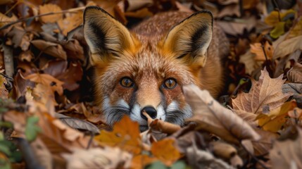 Fototapeta premium A fox is peeking out from behind some leaves