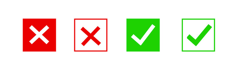 Green check mark, red cross icon. Isolated background