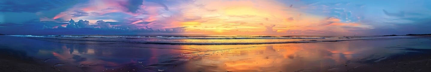 Fototapeta premium A vibrant sunset over a tropical beach, with colorful skies and the sun casting long shadows on the sand. The ocean waves create a soothing background sound for a perfect vacation.