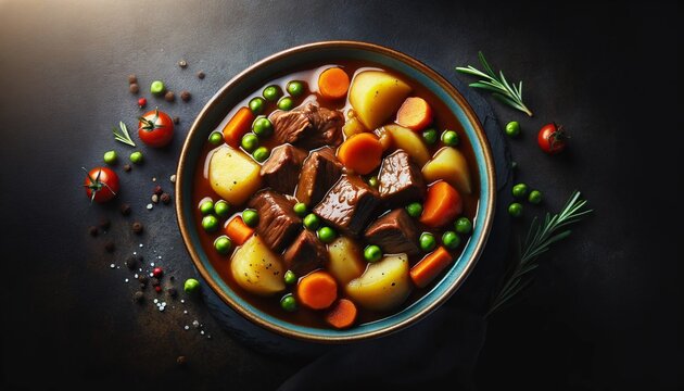 hearty stew with tender beef, potatoes, carrots, and peas in a rich gravy, served in a bowl on a black background