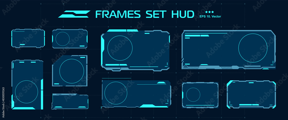 Poster Futuristic HUD frames. Vector set for user interface. Modern template with windows and frames for digital user interface. Windows and HUD interface elements. Vector set templates with frames