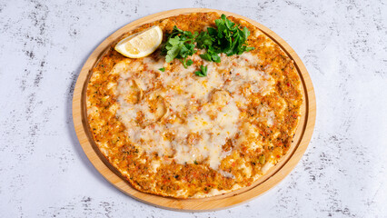 Meat cheese lahmacun top view