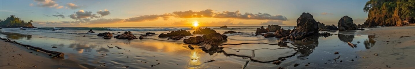 A beautiful beach with rock formations and tide pools, with the setting sun reflecting off the water. The tropical setting creates a stunning backdrop for a summer vacation.