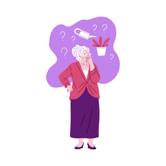 Vector image elderly woman suffering from Alzheimer's disease who forgot whether she watered a flower.