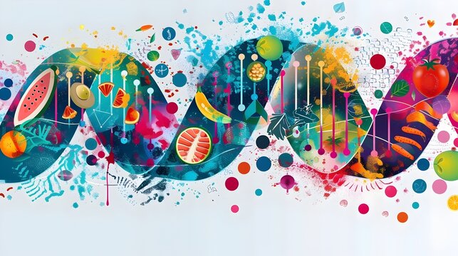 Nutrigenomics Personalized Nutrition Insights through DNA Strands and Vibrant Food Icons