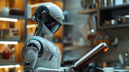 Fototapeta premium Robot reading a cookbook and preparing recipes Selective focus on the robot as it reads and cooks simultaneously