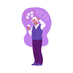 Elderly confused man reads notes and trying remember, memory loss, Alzheimer disease vector character, amnesia dementia