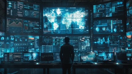 Cybersecurity Defense:a scene of a cybersecurity expert monitoring multiple screens filled with data, code,