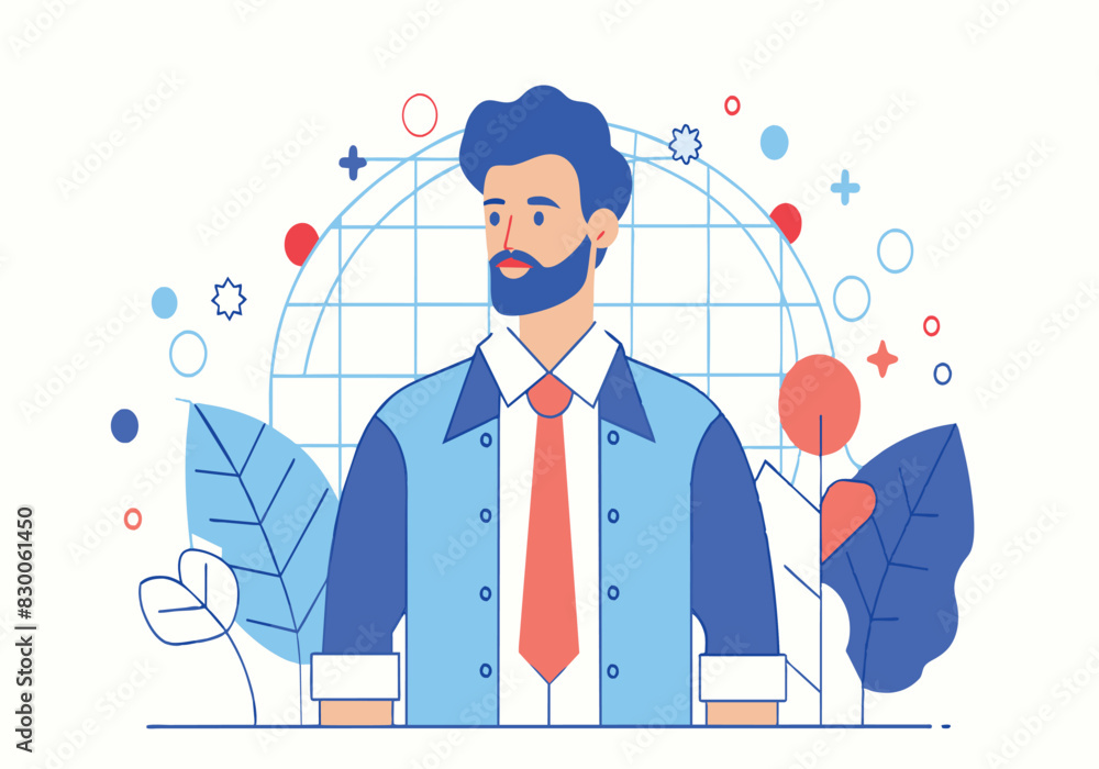 Poster a man with a beard and a red tie is standing in front of a leafy background