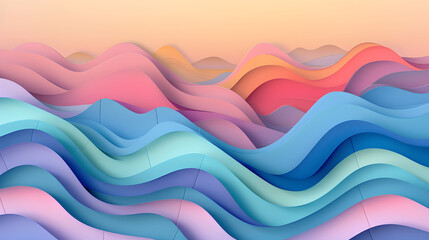 Wide panorama 3D Landscape Paper Cut style, Curved shapes with gradients, abstract geometric lines pattern background art illustration for cover design, book , poster, cd cover, flyer. Generative AI.
