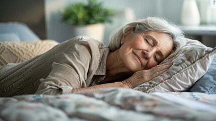 Happy senior woman sleeps in a bed at home. sleep rest relax comfort. Mattress and bedding business banner 