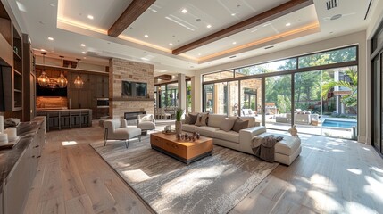 A large living room with a fireplace, a pool, and a kitchen
