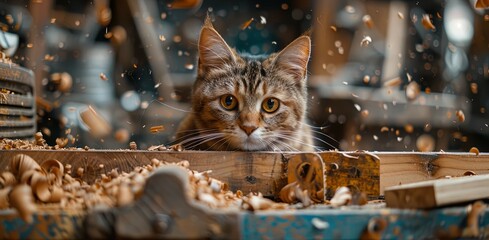 A cat is peeking out from under a pile of wood shavings