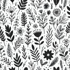 Abstract little flower doodle brush seamless pattern. Sketch hand drawn spring floral plant, nature graphic leaf, scribble grunge brush texture black and white ink seamless pattern. Vector illustratio