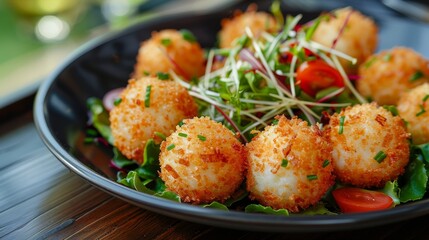 Crispy Cheese Balls, Fried appetizers with salad and garnishes, Gourmet Cuisine