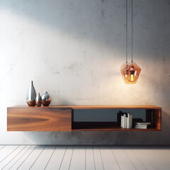 Floating Sideboard with Empty Wall for Mockup in Modern Minimalist Interior