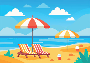 A beach scene with two beach chairs and two umbrellas