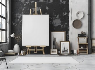 Modern art studio with a blank canvas on the floor, black and white decor, a neutral color palette, wooden frames on the wall, a minimalist interior design of a creative space for painting or drawing