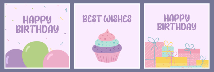 happy birthday greeting card set, celebration templates, postcards, party invitation, balloons, present with ribbon, gift, confetti, cupcake, muffin, birthday cake, vector illustration
