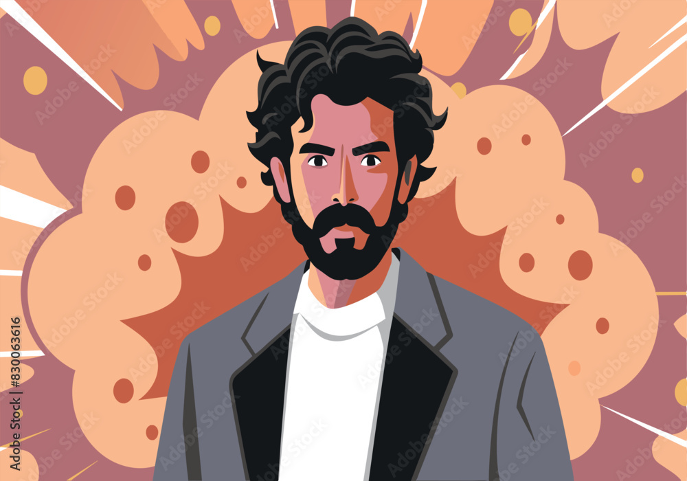 Poster a man with a beard and a suit is standing in front of a large explosion