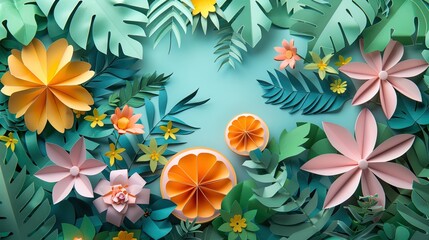 A colorful paper flower garden with a large orange flower in the center - Powered by Adobe