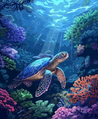 Obraz premium Sea Turtle Swimming Among Colorful Coral Reefs and Fish