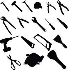 set of tools silhouettes illustration. Essential tools in black color. Home repair toolkit. Industrial toolset for building.