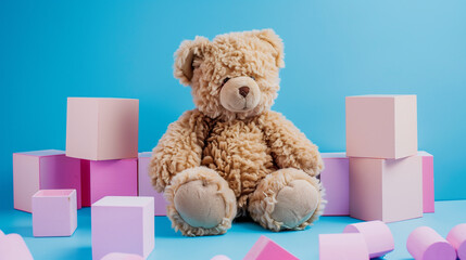 Fluffy Teddy Bear with Pink Blocks on Blue Background.