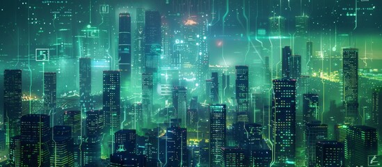 Obraz premium Futuristic Smart Cyber City: Innovative Urban Landscape in Digital Circuitry, futuristic technology concept, graphic banner design
