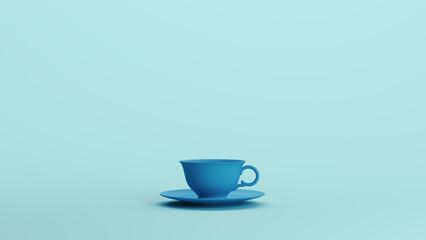 Blue tea cup saucer plate dishware tea cafe pottery soft tones pale background 3d illustration render digital rendering