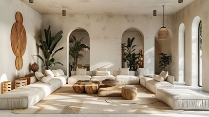 In a long and wide living room decorated in a bohemian style, bright tones and whites set the tone. The space is decorated with potted plants, lanterns, and hippie-boho art patterns adorning the walls