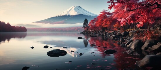 view of mount fuji with fog and maple trees from the lake